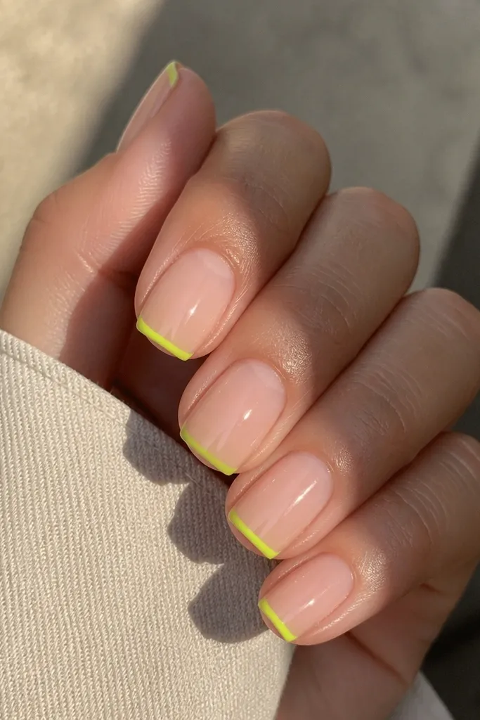 Square nails with a clear or sheer nude base. The cuticle area stays bare/clear. A super thin neon lime line hugs only the tip edge like a micro-French.
