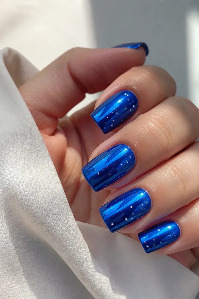Square nails coated in royal blue chrome. Each nail has a few small white dots scattered like confetti, with sharp reflections on the chrome.