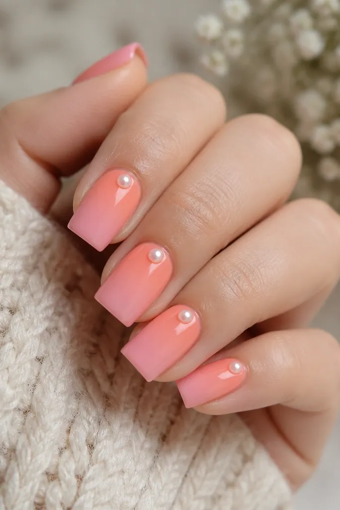 Square nails with a soft coral-to-pink ombre from cuticle to tip. Each nail has a single tiny pearl bead placed near the cuticle center on a glossy base.