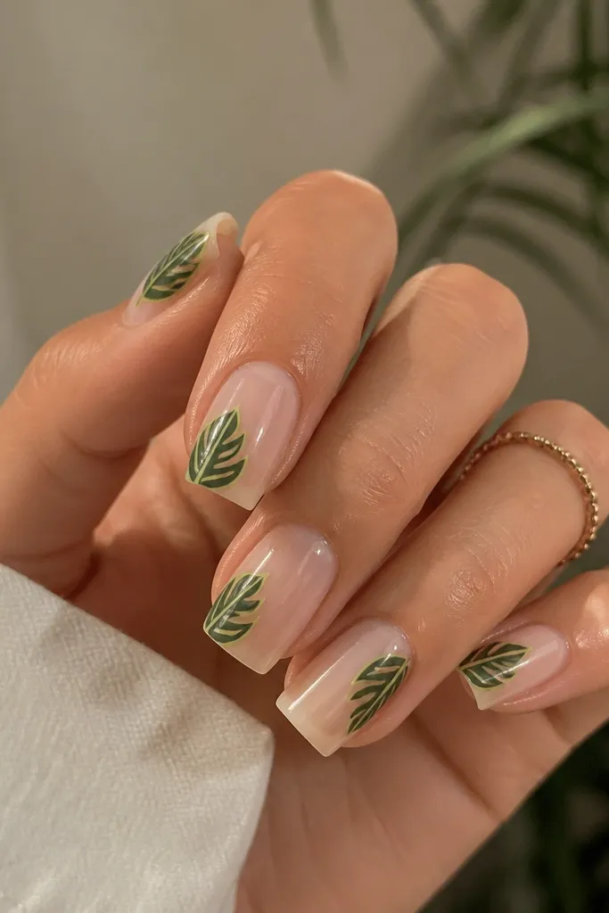 Square nails with a sheer clear base. Palm leaf shapes are drawn in deep green with bright lime outlines. The leaves sit near the sides of each nail, leaving lots of clear space.