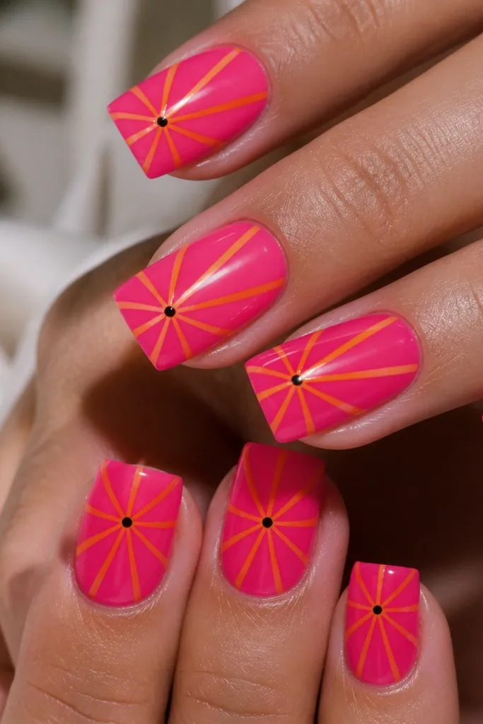 Square nails with a solid hot pink base. Orange burst lines radiate from a small black dot near the center of each nail. Glossy finish.