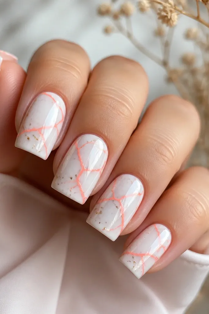 Square nails with a white marble look. Neon coral veins run through the marble like cracks. Tiny micro gold flakes are sprinkled around the veins.