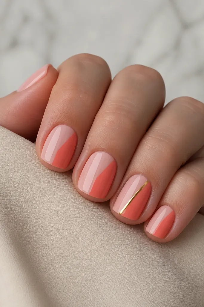 Short square nails painted a milky nude-pink base, with coral on the outer half of each nail. A single thin metallic gold stripe runs diagonally from lower right to upper left on the ring finger only. Glossy finish, crisp straight edges.