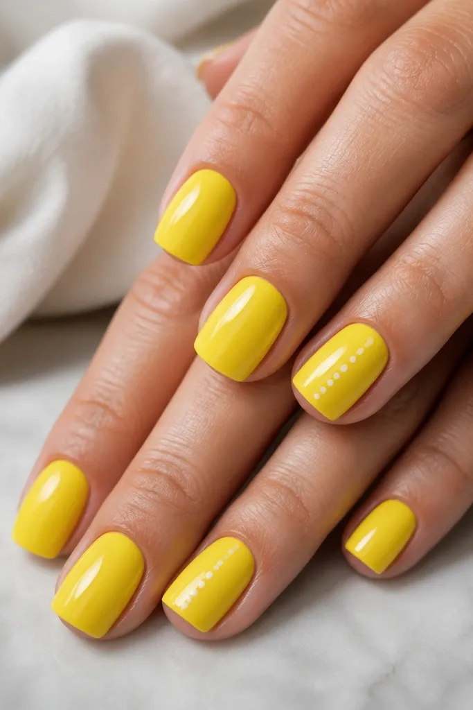 Short square nails in bright lemon yellow. On two nails, tiny white dots are placed in a diagonal line near the center. Glossy finish with sharp square corners.