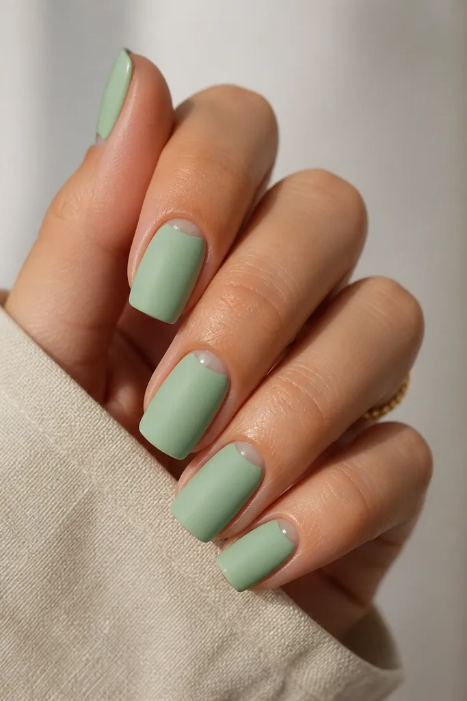 Square nails painted solid mint green in a matte finish. A thin glossy stripe runs along the cuticle line on each nail, reflecting light. Matte rest, crisp edges.