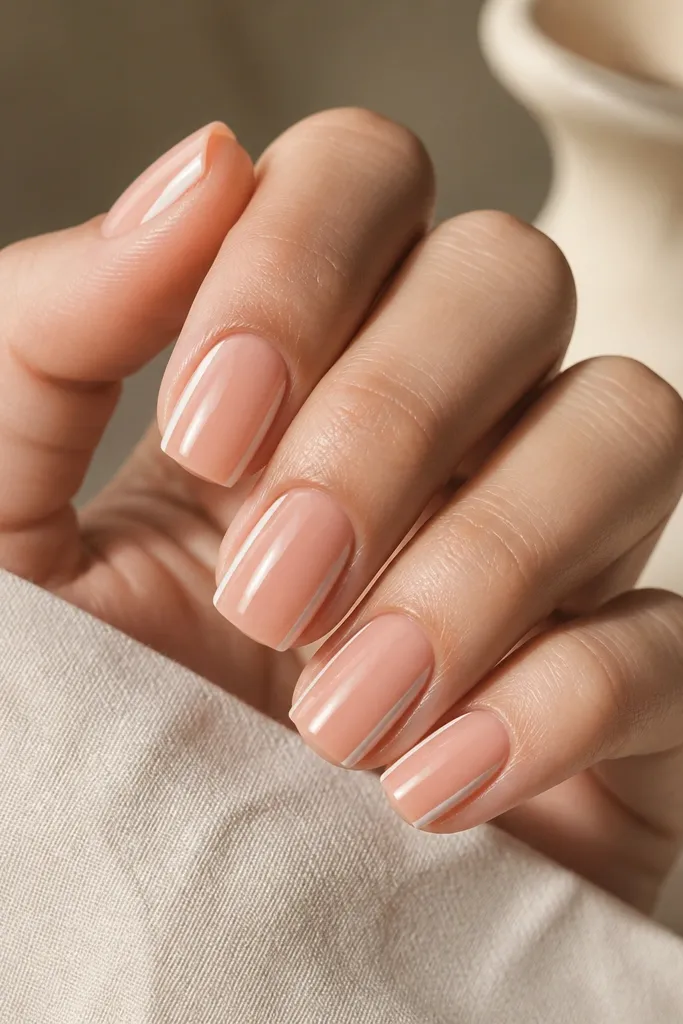 Peachy nude square nails with a single thin white strip running vertically down the side of each nail near the outer edge. Glossy finish, straight strip, neat cuticles.
