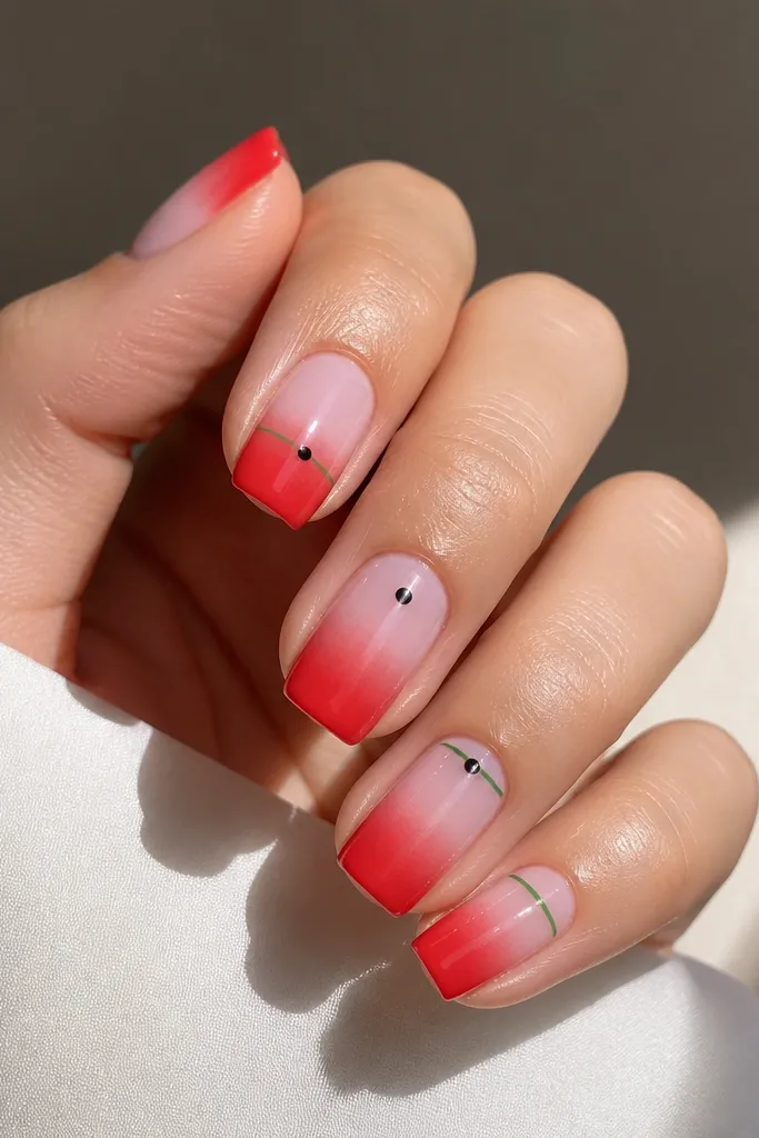 Square nails with a gradient: pale pink at the base fading into bright red at the tip, plus a thin green line near the top edge on thumb and ring finger. A tiny black dot sits near the center on two nails. Glossy finish.
