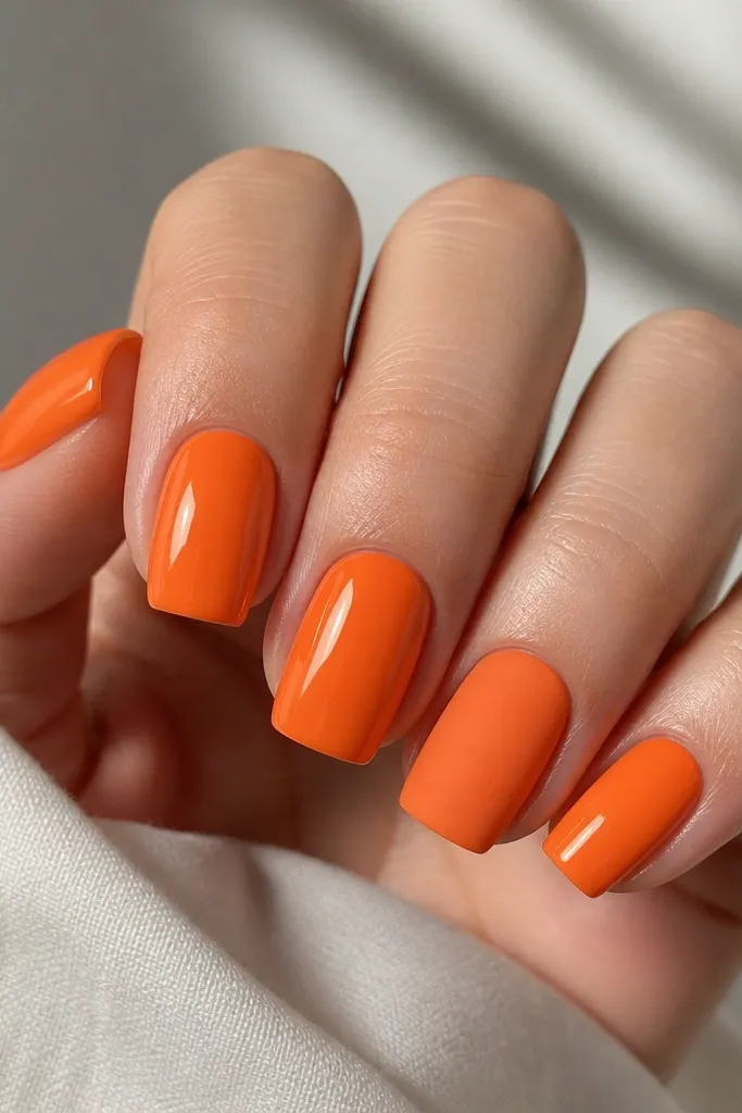 Square nails painted tangerine orange in glossy finish. One accent nail (ring finger) is the same tangerine but matte, creating a clear shine difference. Clean cuticles and sharp corners.