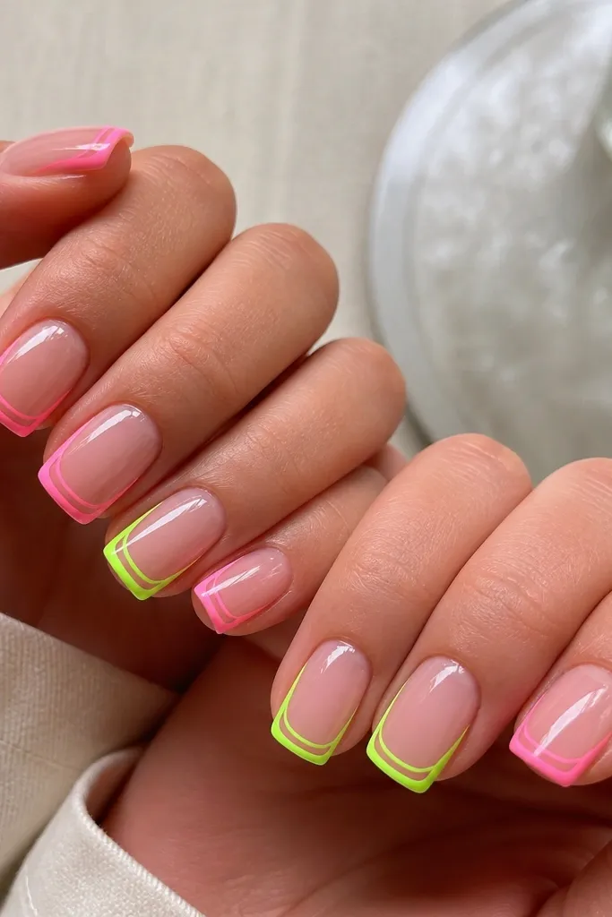 Short nude square nails with neon pink and neon green outline French tips. The tip area is nude with a neon line tracing the outer edge, and a thin inner outline line near the tip. Glossy finish.