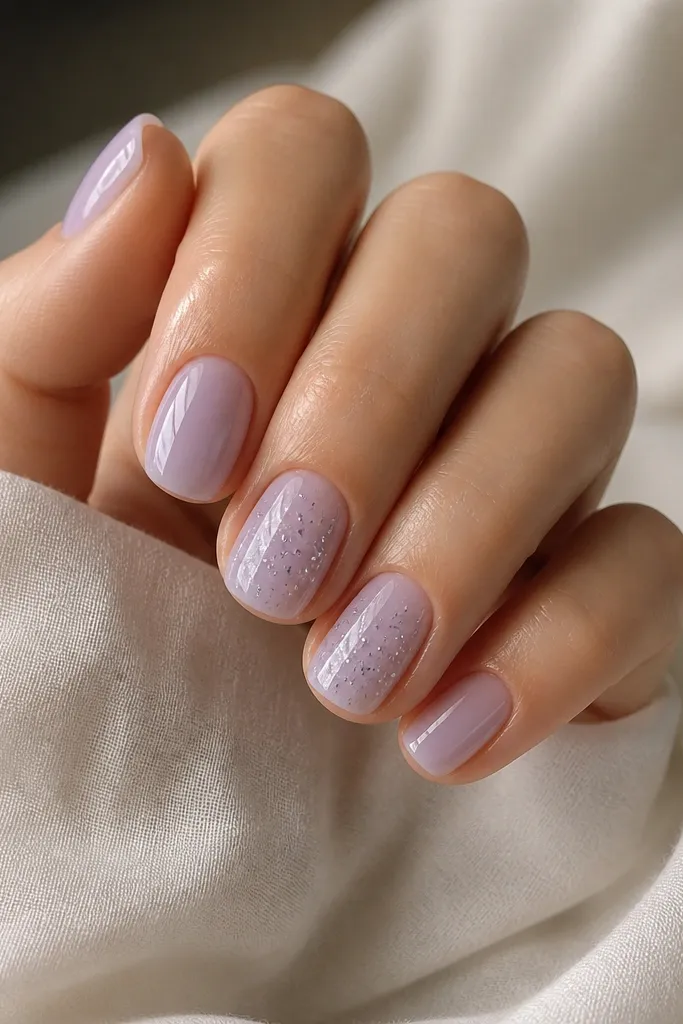 Short square nails with a sheer lavender base. On two nails, tiny silver confetti flakes are scattered near the center and fade toward the edges. Glossy finish, confetti is sparkly but small.
