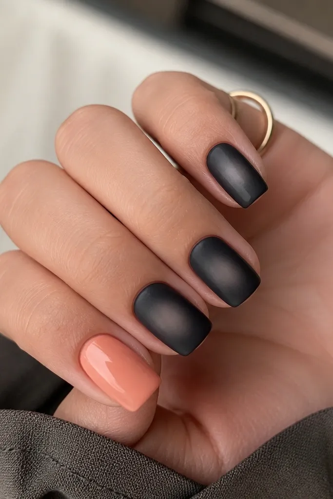 Square nails painted charcoal gray with a soft smoky fade effect near the center. The thumb nail is peach solid with a glossy finish. Other nails stay smoky charcoal, matte-to-gloss mix.