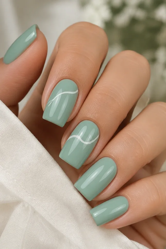 Square nails with a seafoam green base. On two nails, a white outlined swirl curves from side to side near the top half. Glossy finish, swirl lines are thin and crisp.