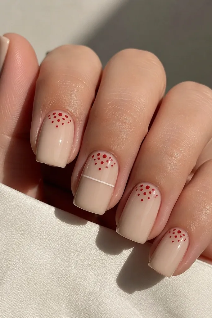 Square nails with a creamy nude base. Each nail has small red dots clustered at the cuticle like tiny strawberry seeds, with a glossy finish. One nail has a thin white line across the middle.