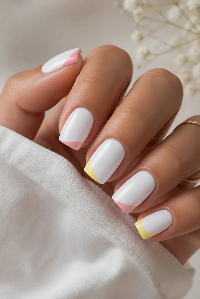 Square nails painted clean white. Each nail has tiny color-block triangles at the corners of the free edge: pastel pink and pastel yellow on alternating nails. Glossy finish, sharp triangle shapes.