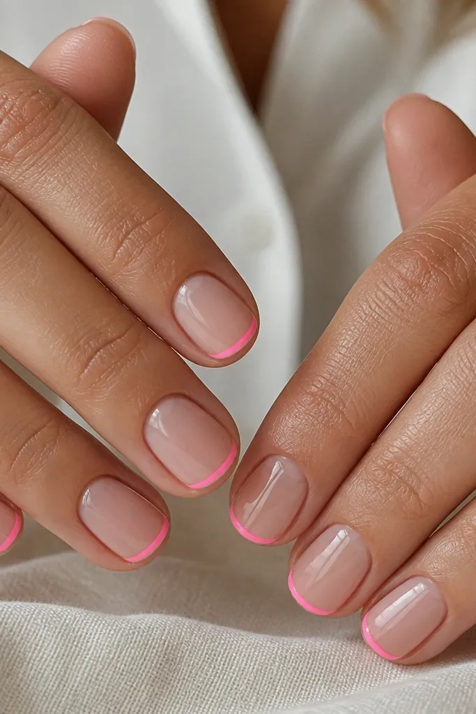 Short square nails in nude pink. On each nail, a single neon line runs horizontally right at the very edge of the tip like a micro French. Glossy finish, line is thin and bright.