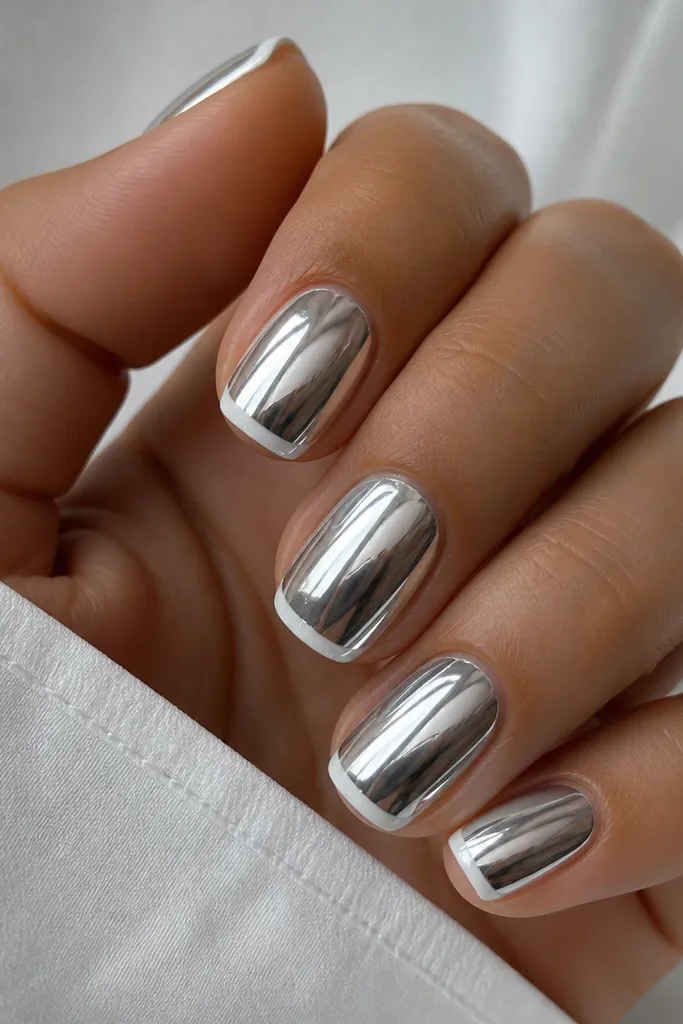 Short squoval nails with a thin white French smile line (about 2 mm) and a full mirror chrome top over the rest of the nail; the chrome reflects like a silver mirror with sharp light streaks.