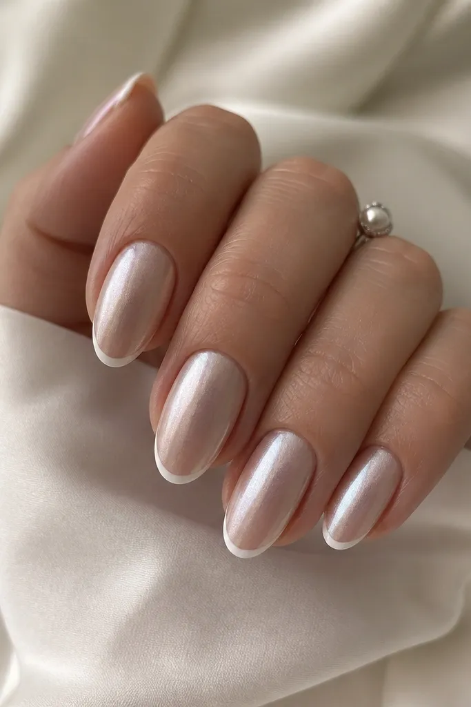 Medium almond nails with a thin white French tip and a pearl-silver chrome overlay that looks slightly diffused, like a frosty glow rather than a hard mirror.