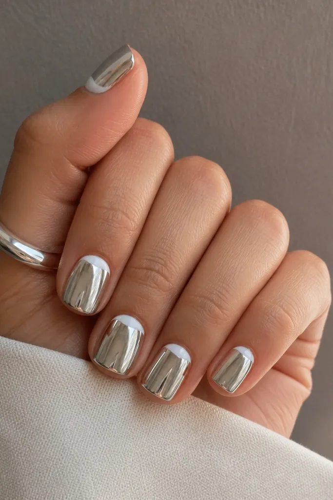 Short square nails with a white stripe along the cuticle area (reverse French) and mirror chrome on the rest of the nail; the white stripe is crisp and glossy.