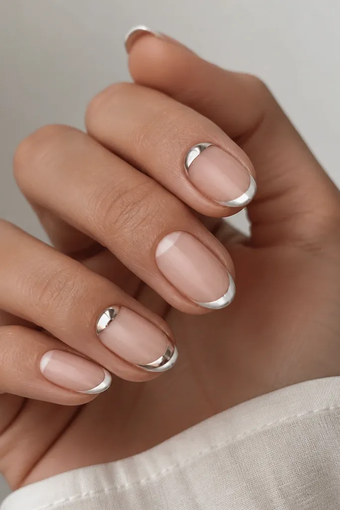 Mix of nails: most have thin white French tips with silver mirror chrome; ring fingers have a white French tip plus a chrome half-moon accent at the cuticle.