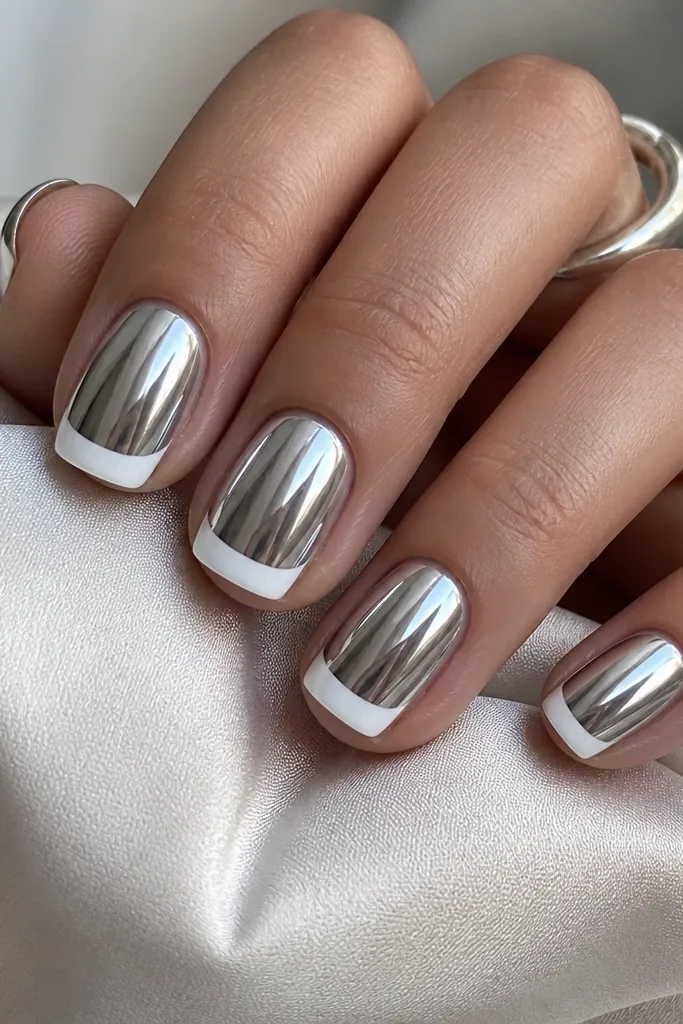 Short squoval nails with matte opaque white French tips and the rest of the nail in glossy silver mirror chrome; the contrast looks sharp under light.