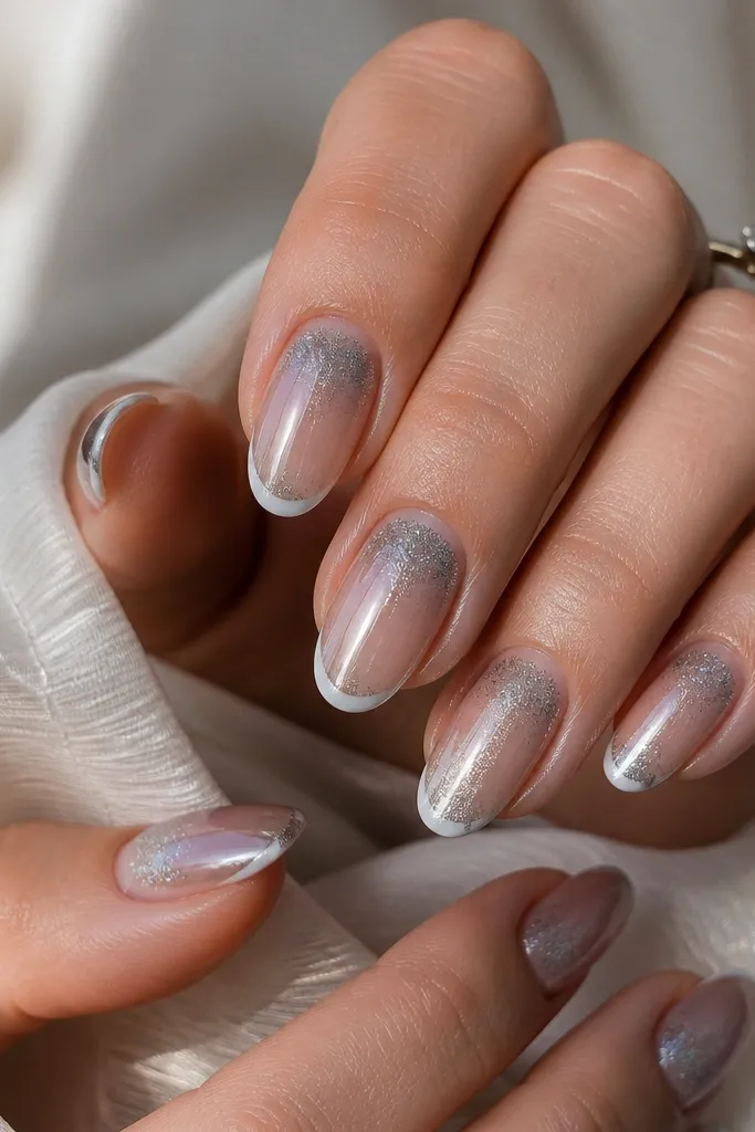 Medium almond nails with a thin white French tip and a silver chrome-glitter fade that starts at the tip and melts into a smooth mirror toward the center.