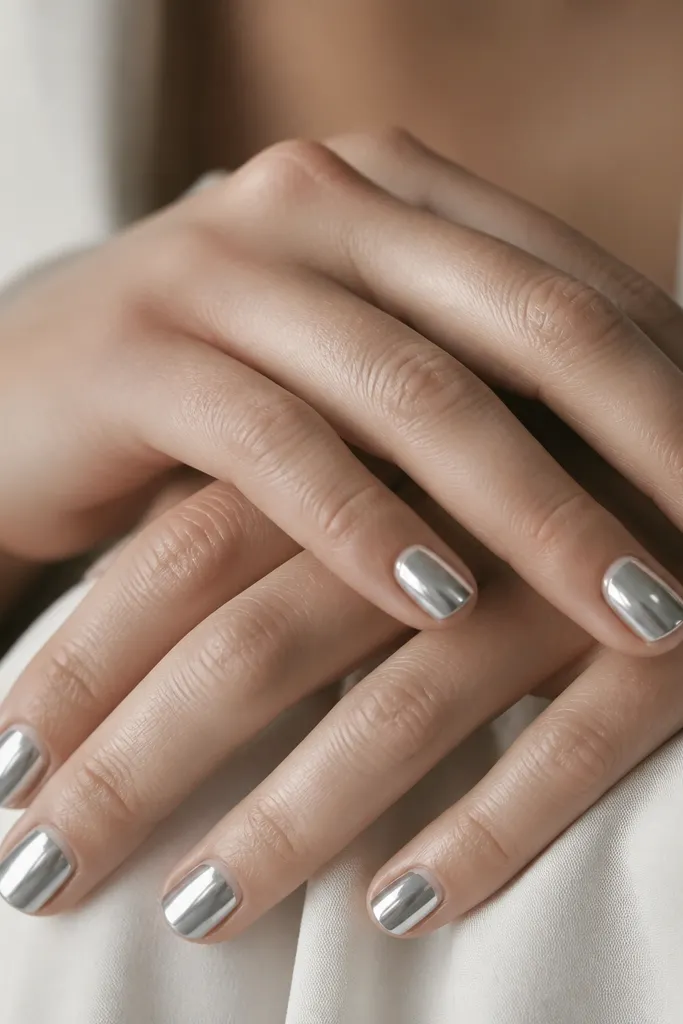 Very short nails with tiny white micro French tips (less than 1 mm) and the rest completely covered in mirror chrome silver.