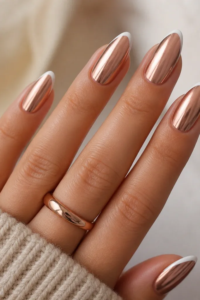 Almond nails with thin white French tips and a rose-gold chrome base that shifts to warm highlights; the chrome looks like a warm metallic sheen rather than cool silver.