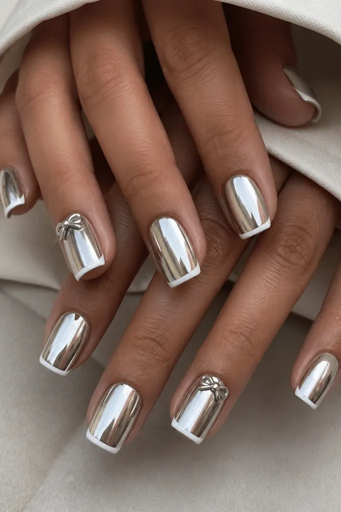 Square nails with thin white French tips and mirror silver chrome; ring fingers have a tiny metallic bow sticker placed near the cuticle.