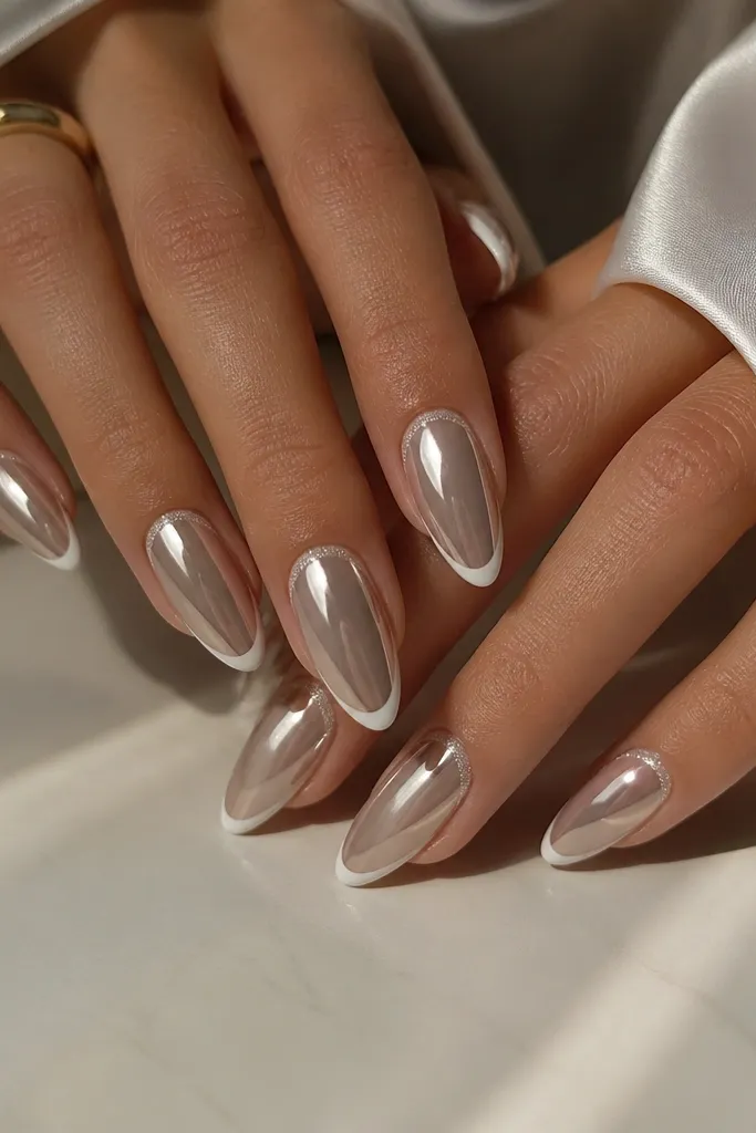 Almond nails with thin white French tips; the chrome is mirror on the nail bed but there's a thin chrome sparkle line just under the cuticle like a micro halo.