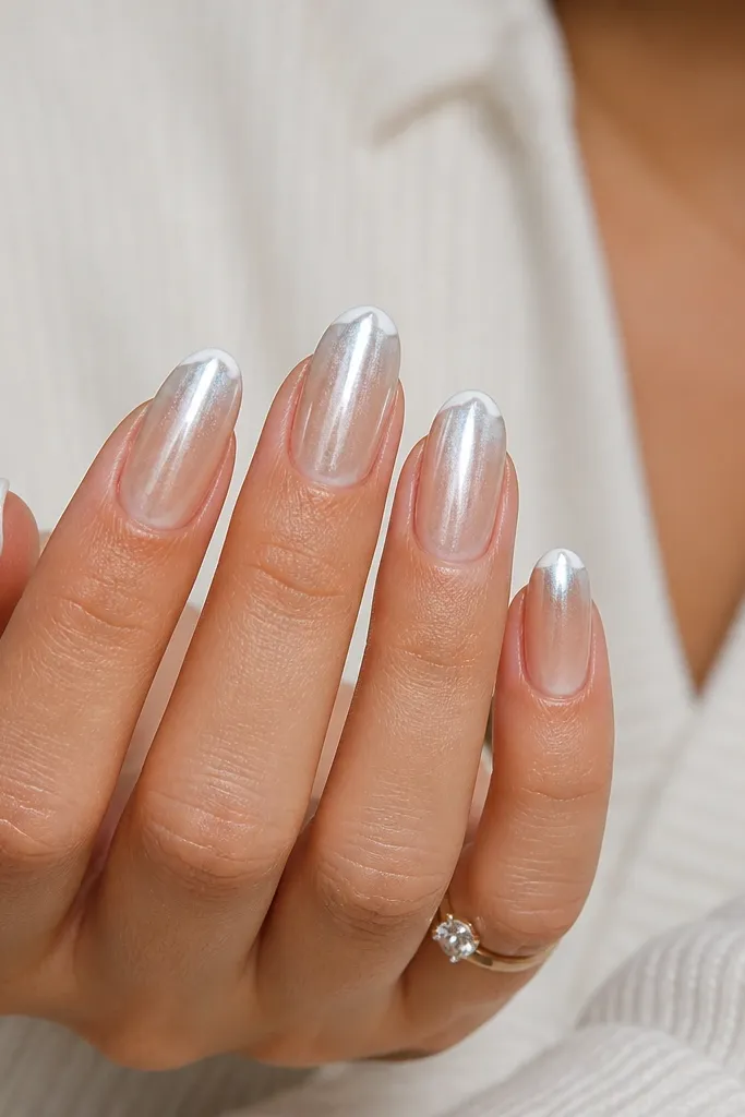 Medium almond nails with a thin white French tip and a chrome gradient that fades from mirror at the tip to softer shimmer toward the base.