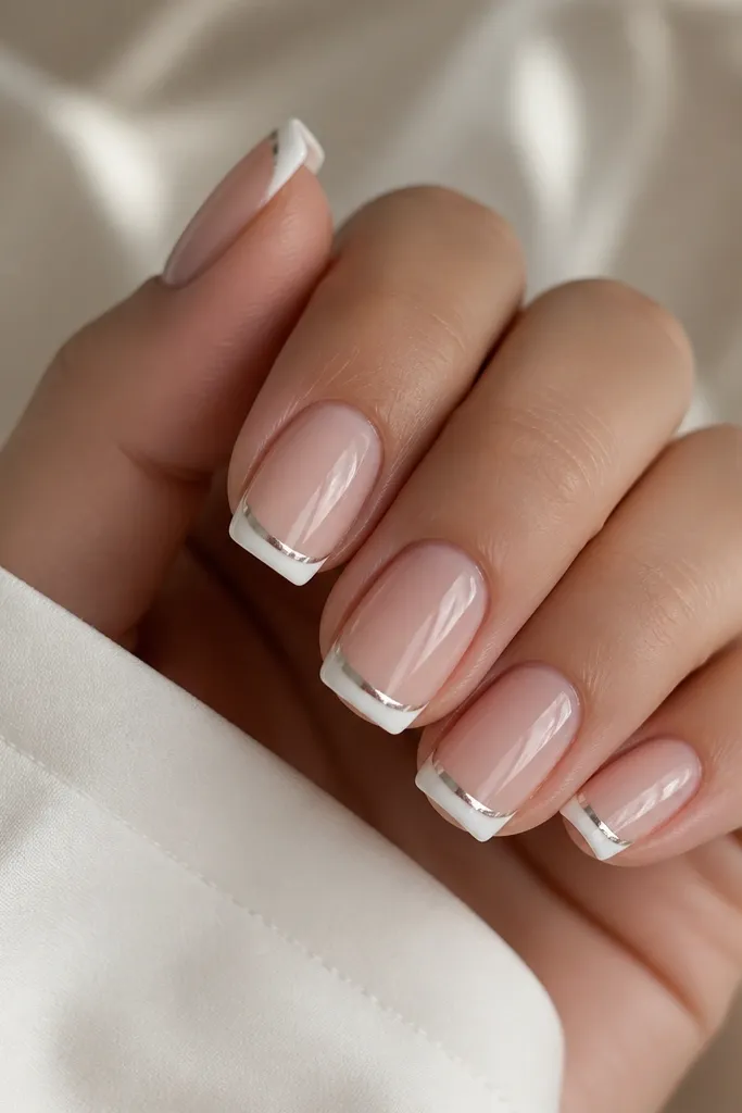 Square nails with a thin white French tip; there's a fine silver chrome outline just below the white line, creating a double boundary near the edge.