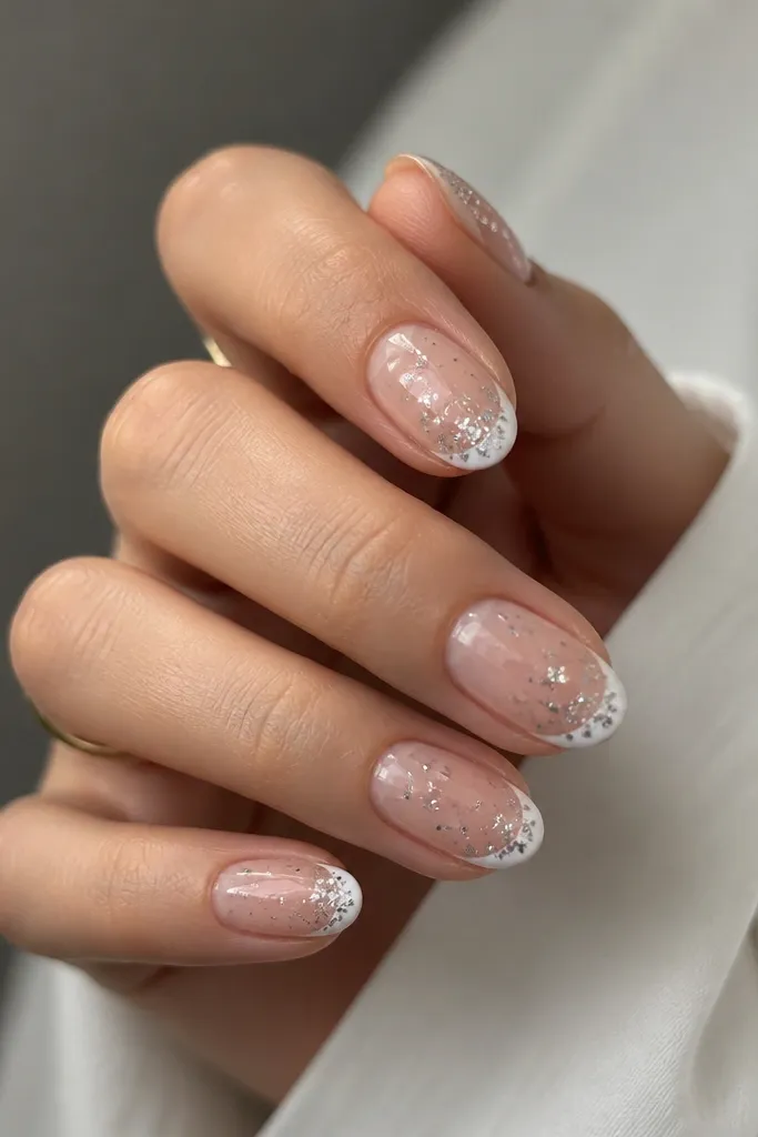 Short almond nails with thin white French tips and scattered silver chrome speckles across the nail surface, especially near the tip.