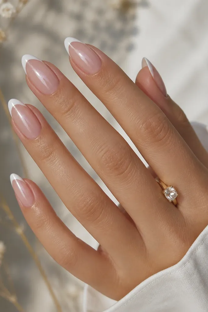 Almond nails with a thin white French tip; the rest of the nail looks like a clear jelly layer with a soft chrome shimmer under it.