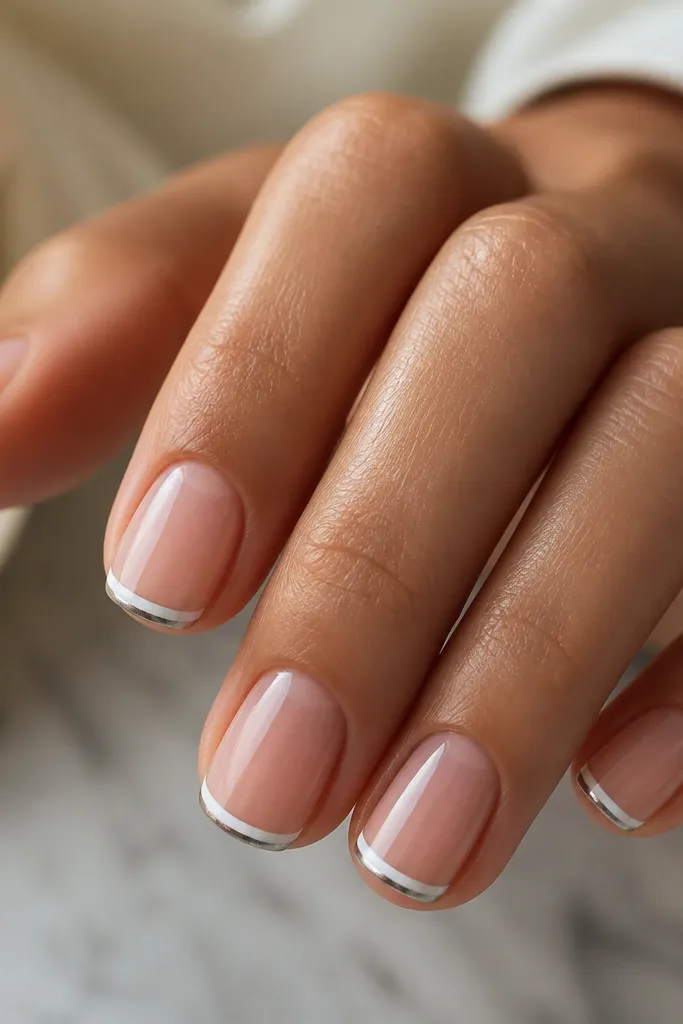 Short squoval nails with a thin white French tip; there's a thin chrome "waterline" at the very tip edge, like a metallic seam.