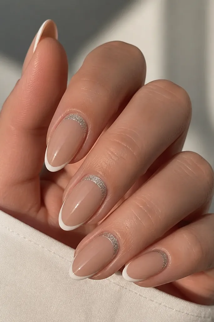 Almond nails with thin white French tips; chrome sparkle forms a halo ring around the cuticle, while the rest is glossy nude or clear.