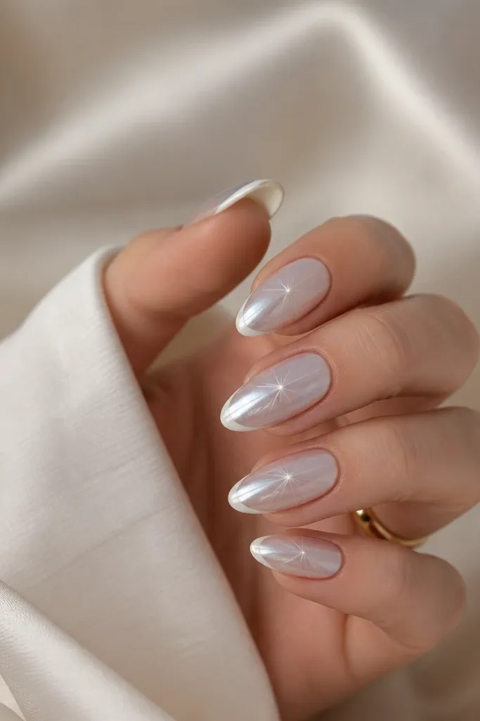 Medium almond nails with thin white French tips; the chrome on each nail has a starburst-like reflection centered near the middle, with beams radiating outward.