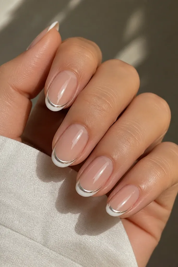 Short almond nails with a thin white French tip; only the smile curve has a chrome outline, while the rest of the nail is clear gloss.
