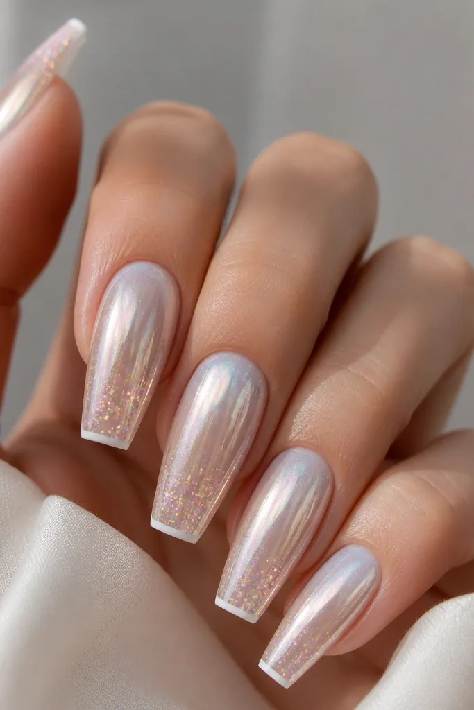 Coffin nails with thin white French tips; across the chrome base there are tiny micro-flakes that look like confetti, concentrated near the tip and fading down.