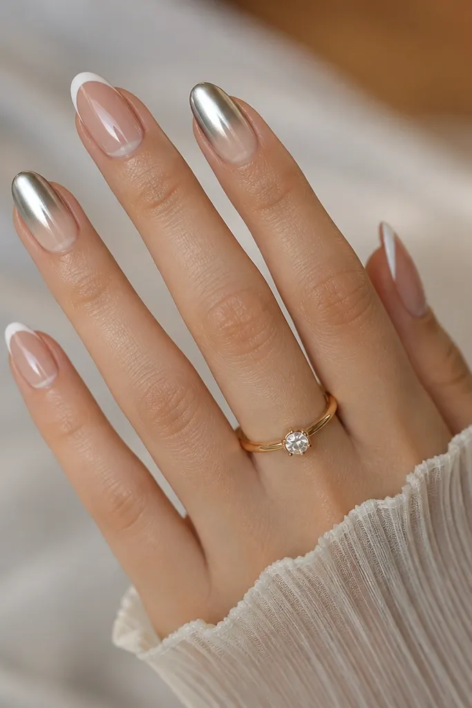 Most nails have thin white French tips with glossy clear base; two accent nails have a chrome ombré gradient from mirror at the tip fading toward the base.