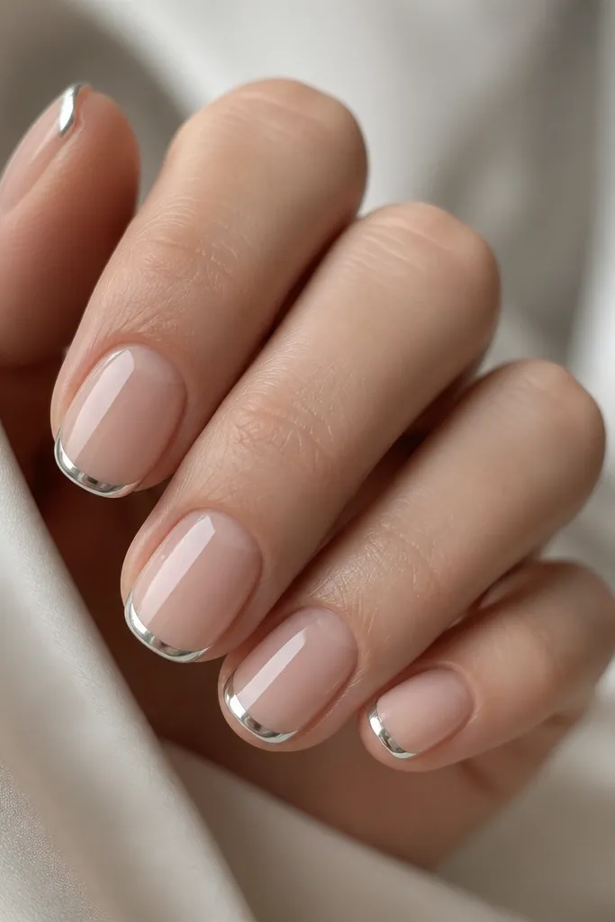 Short oval nails with a sheer nude base. The French tips are a very thin 1mm arc in bright silver chrome mirror finish, crisp and centered. A glossy top coat reflects light like glass.