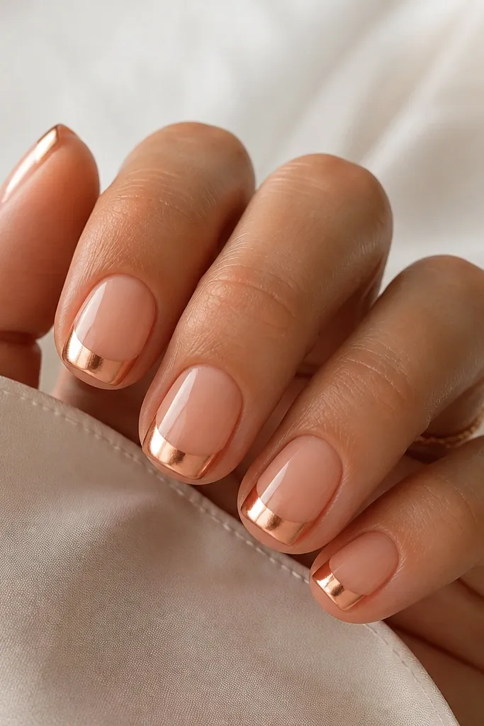 Short squoval nails with a sheer peach base. The chrome sits in a half-moon shape at the tip, like a rounded French arc, in warm rose-gold mirror, with a glossy finish.