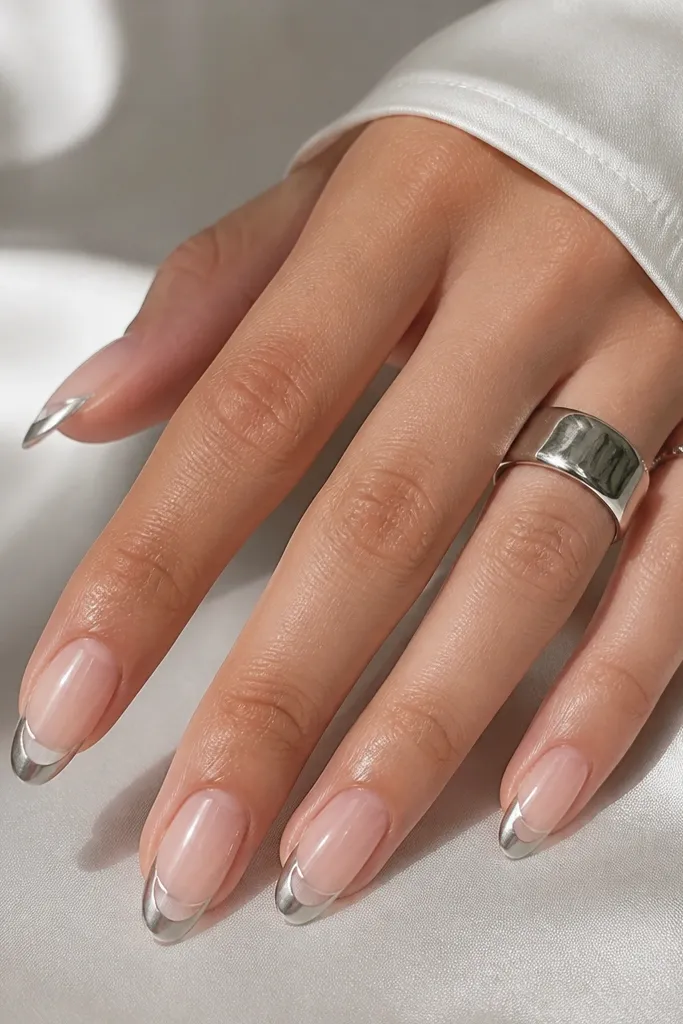 Medium almond nails with a clear jelly base. The French tip is a silver chrome arc leaving a small negative-space window in the center of the tip, glossy and reflective.