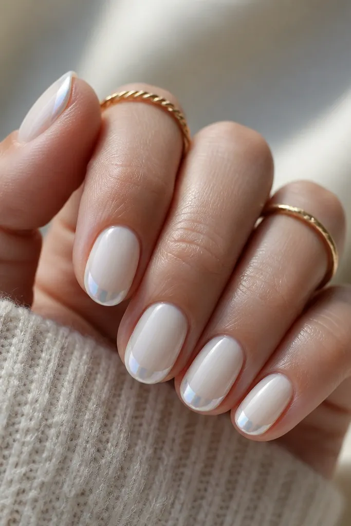 Short oval nails with a creamy white base. French tips are pearl chrome, not mirror - they glow softly with a subtle iridescent sheen, glossy and smooth.