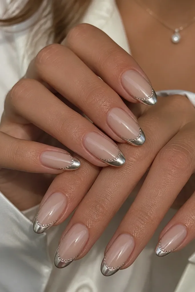 Medium almond nails in a beige nude. The French tips are silver chrome with a tiny line of clear micro rhinestones running along the smile curve, very neat and glossy.