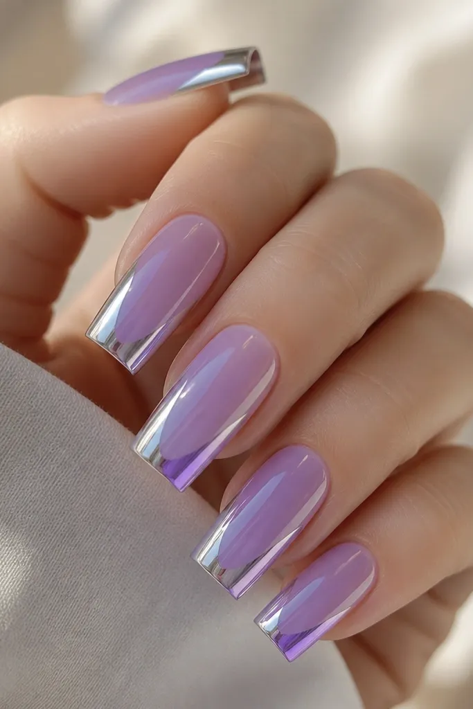 Long square nails with a soft lavender jelly base. The French tip is split: left edge has silver chrome and right edge has lavender-tinged chrome, both glossy with a crisp curve.