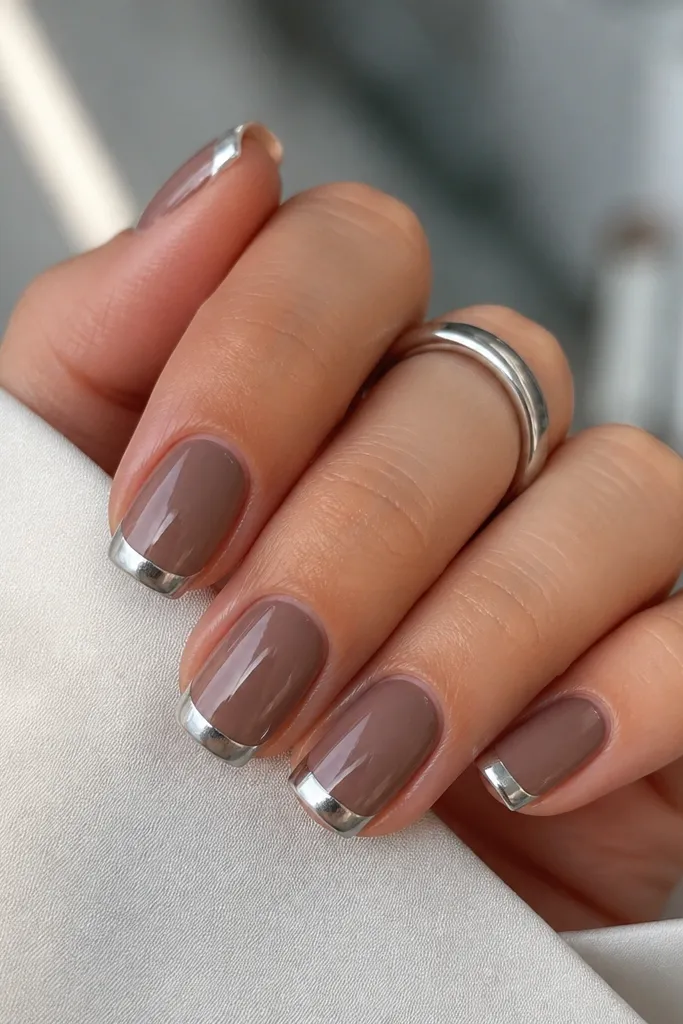 Short squoval nails in a warm chocolate nude. French tips are mirror silver chrome, and there's an extra thin line outline at the very edge in silver, super crisp.