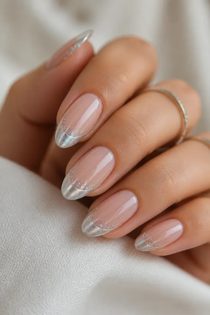 Medium almond nails with a clear base. Silver chrome French tips fade into a fine holographic glitter at the outer edge, like a soft gradient, glossy.