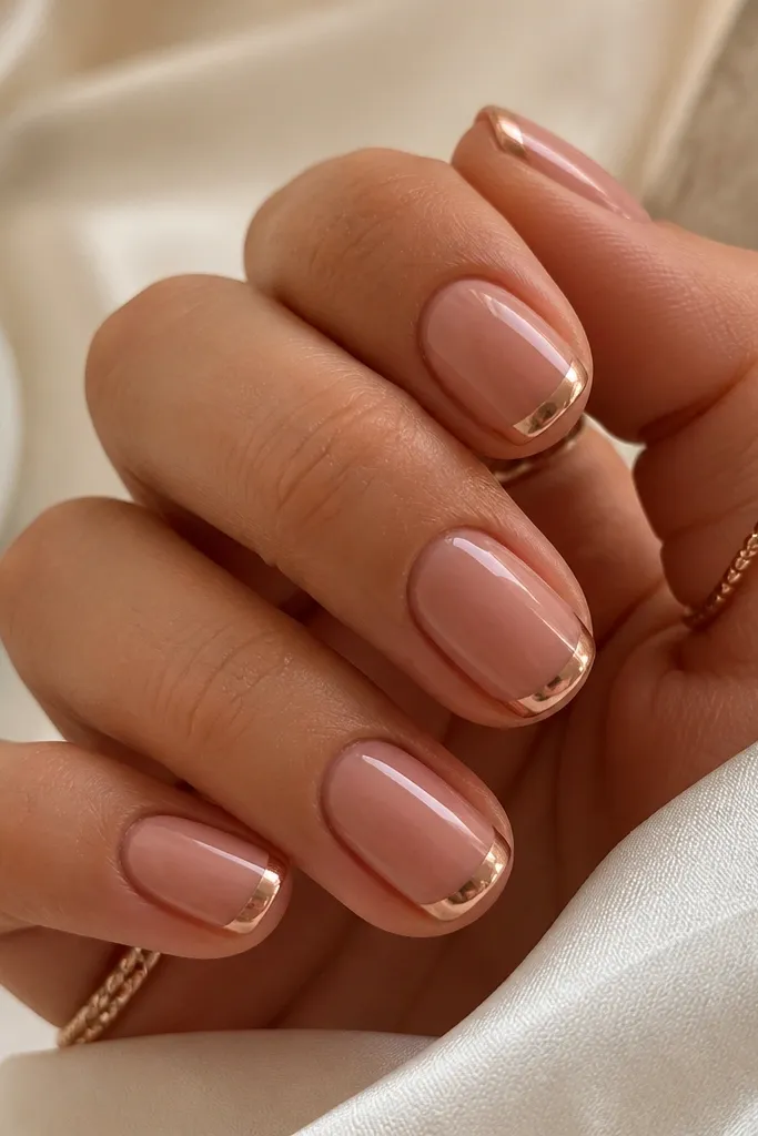 Short oval nails with a rose nude base. The French tip is rose gold chrome, but the chrome stops short of the side corners, leaving a tiny negative space near the cuticle edge, glossy.