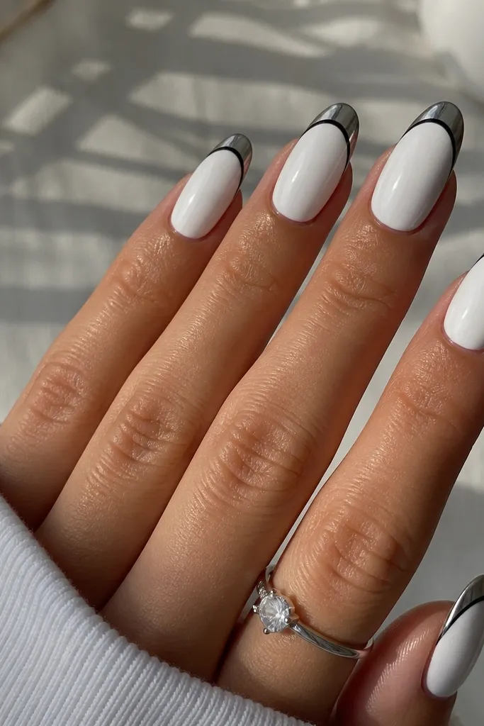 Medium almond nails in opaque white. French tips are silver chrome, and there is a thin black line following the smile curve at the very edge, glossy and high contrast.