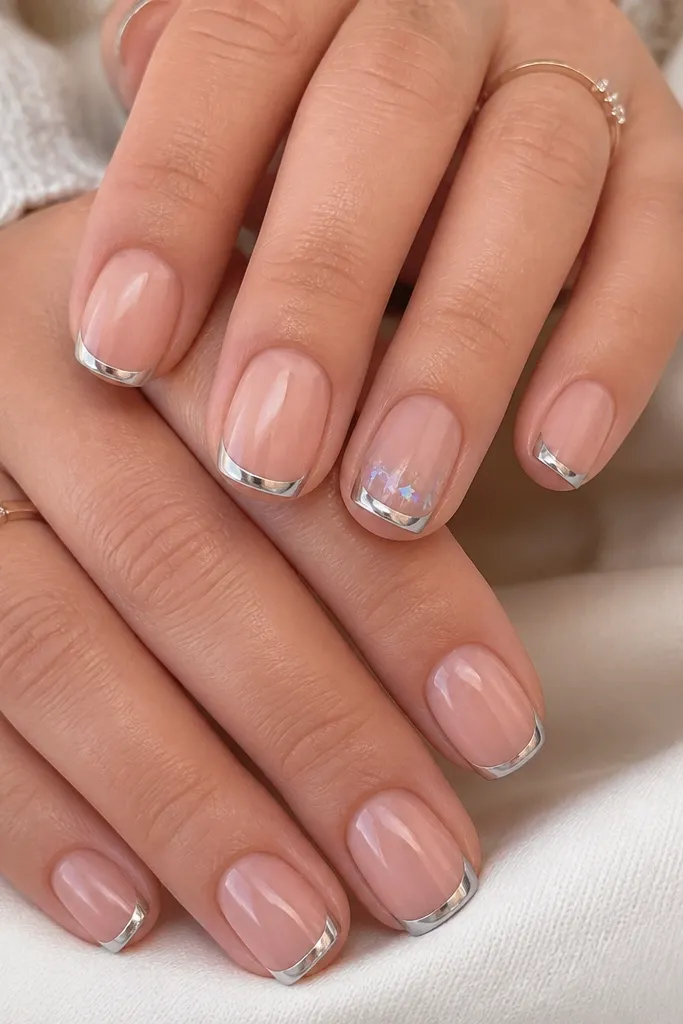 Short squoval nails in nude jelly. French tips are silver chrome on every nail, but one accent nail has a few tiny holographic star-shaped flakes sprinkled near the smile line, glossy.